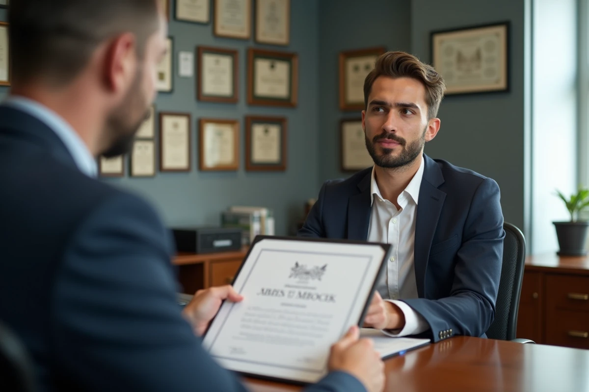 Homme présentant un certificat à un conseiller universitaire