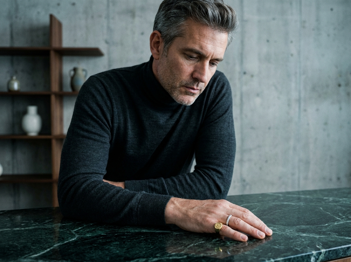 Homme distingué comparant plusieurs bagues de luxe sur une surface en marbre noir dans un intérieur moderne