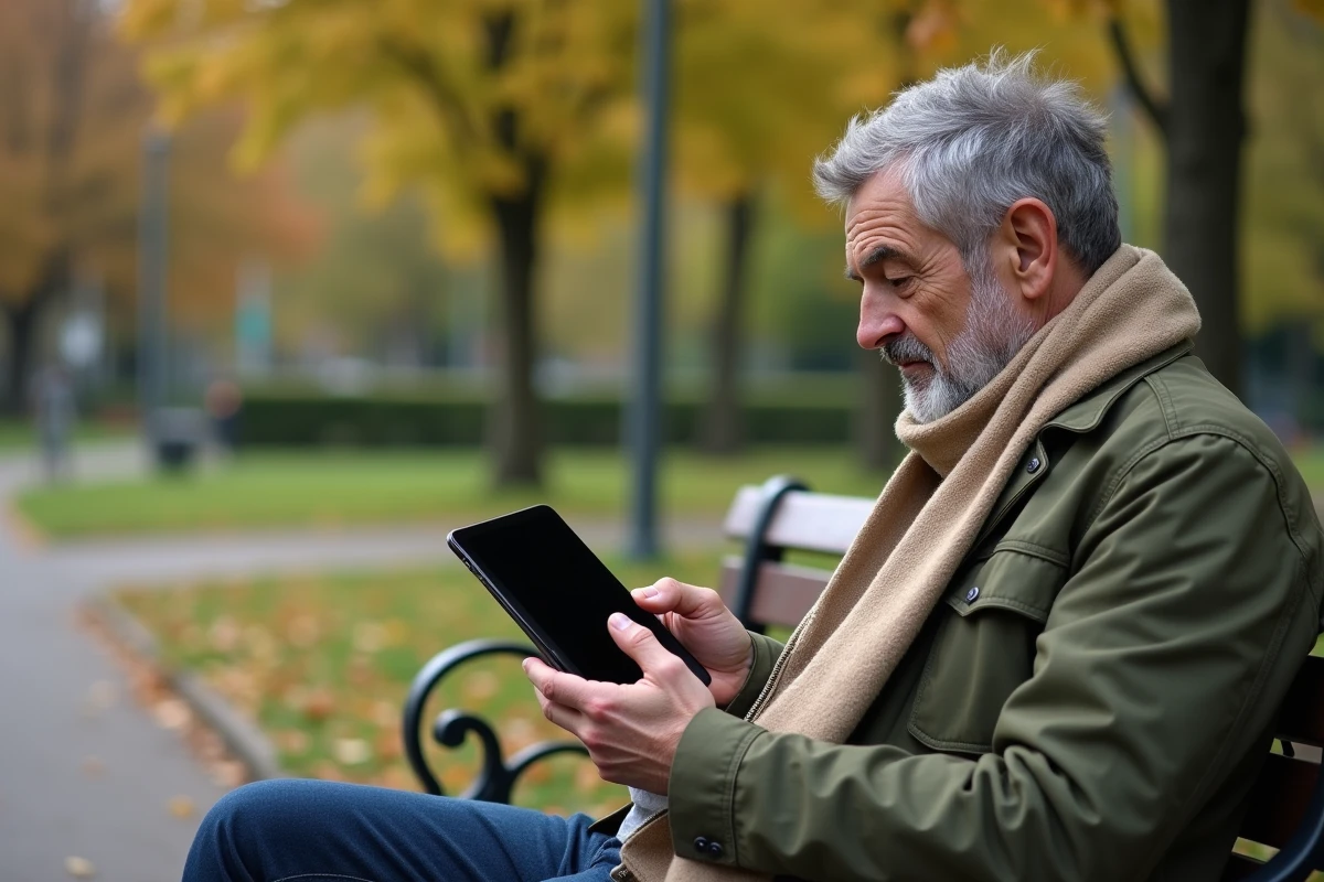 Homme âgé utilisant une tablette dans un parc urbain
