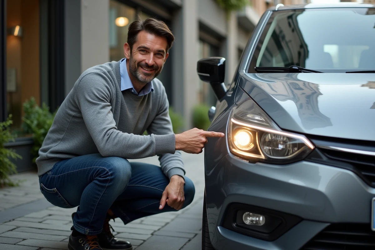 Homme pointant les feux de jour sur une voiture urbaine