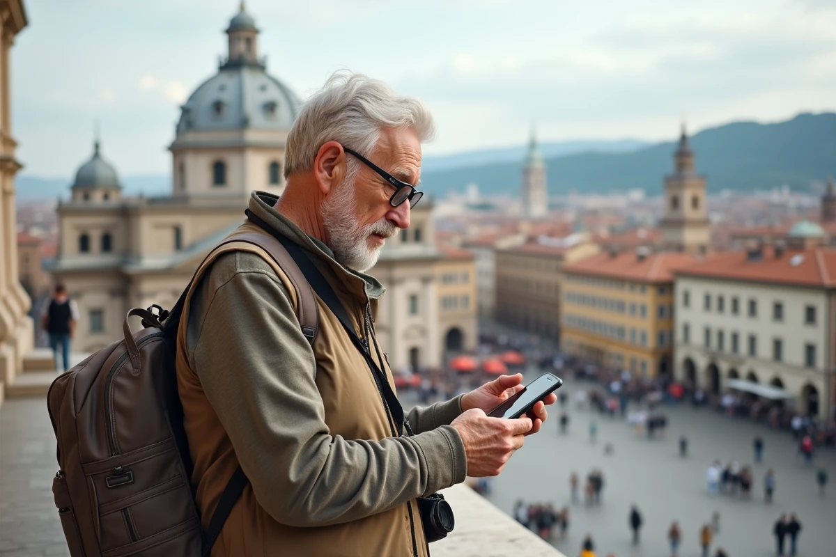 Homme âgé utilisant une application de visite virtuelle en ville