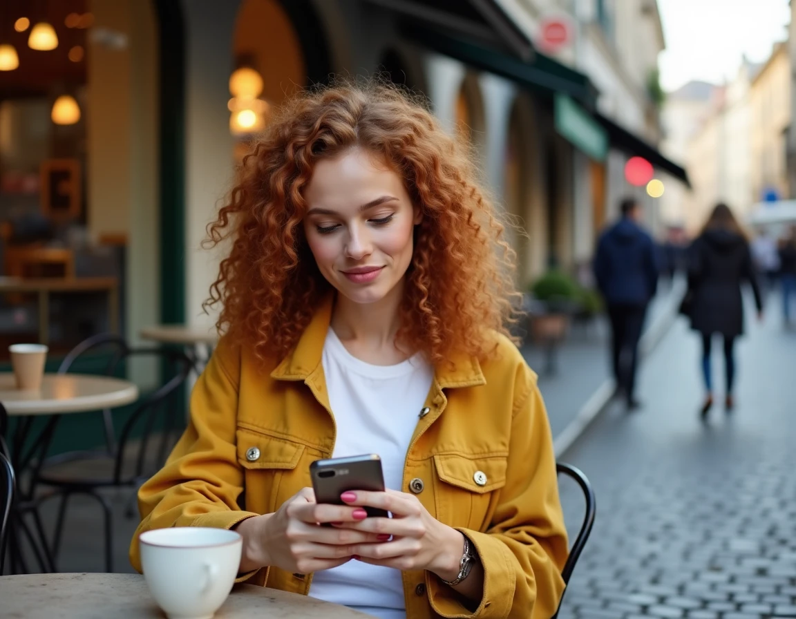 Jeune femme consultant les dernières informations web sur smartphone en terrasse de café dans une ville européenne en 2024