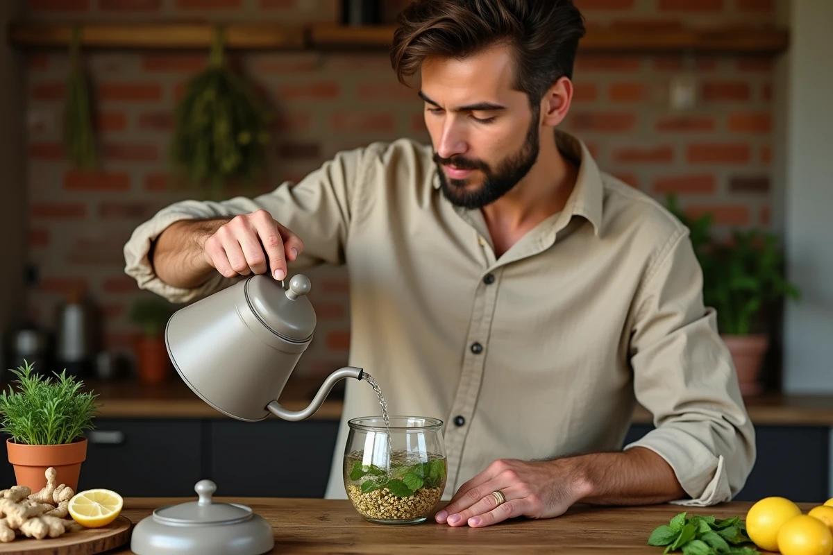 Homme préparant une infusion de plantes médicinales dans une cuisine rustique, remède naturel pour favoriser la guérison du corps