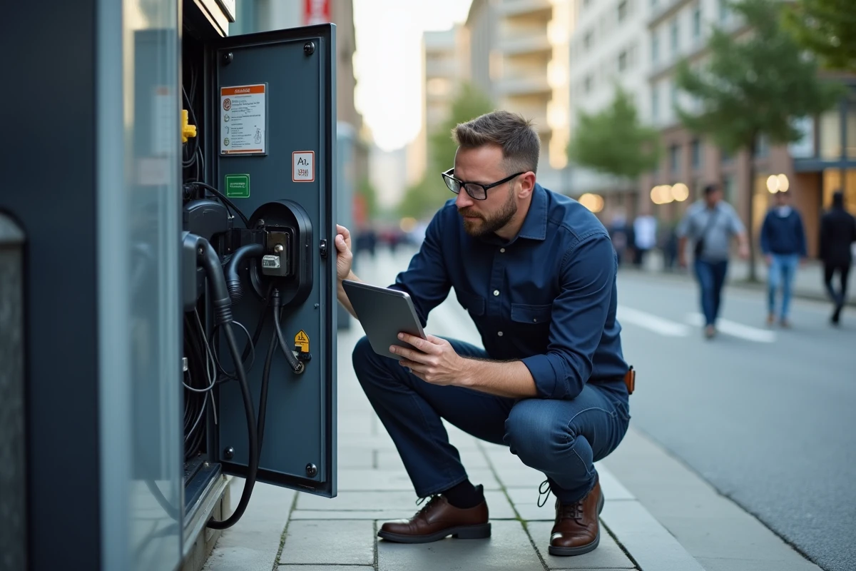 Ingénieur inspectant une borne de recharge électrique en milieu urbain, innovation infrastructure mobilité électrique