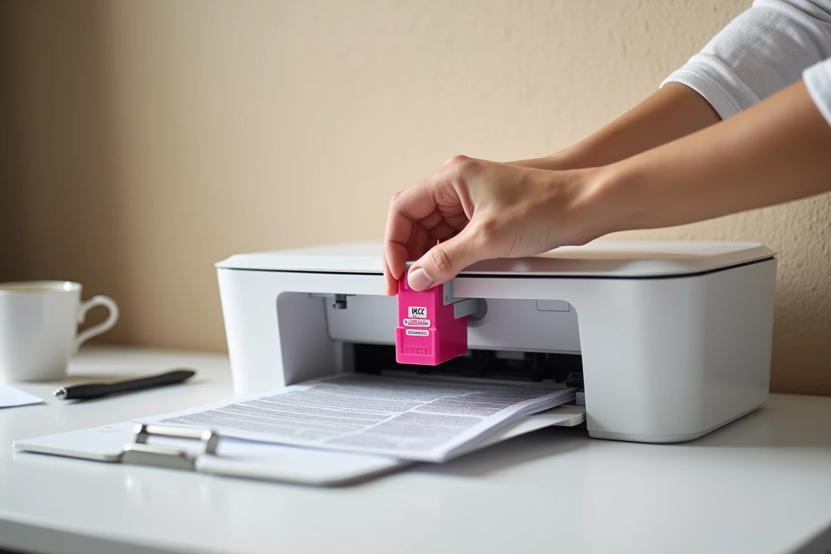 Gros plan sur des mains installant une cartouche d'encre magenta dans le logement d'une imprimante Canon TS3151 posée sur un bureau blanc