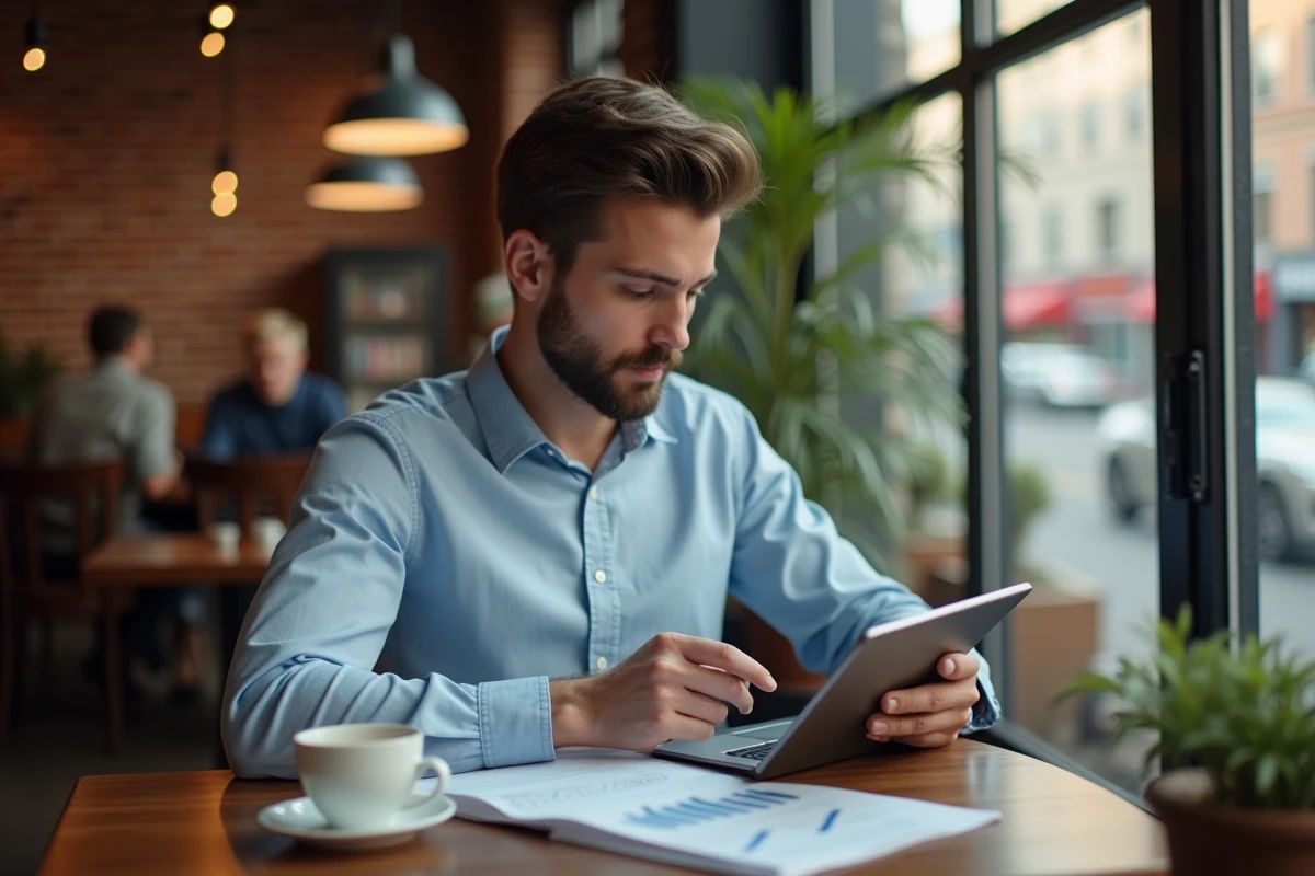Jeune entrepreneur travaillant au café