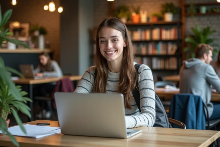 Jeune femme souriante au café remplissant un CV
