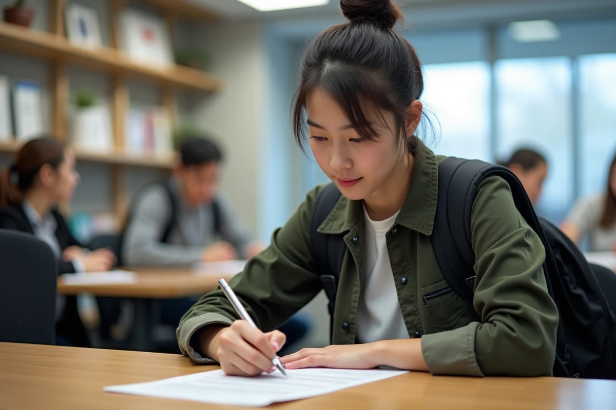 Jeune femme remplissant un formulaire d'inscription à l'université
