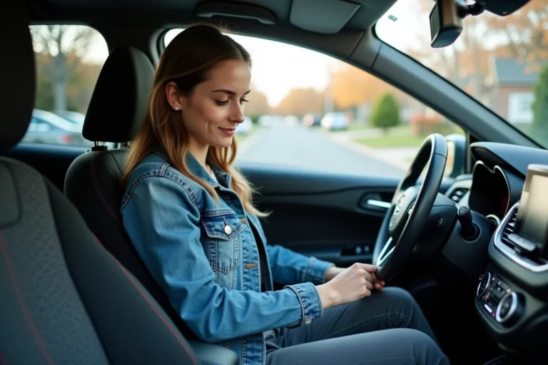 Jeune femme dans une voiture moderne en action