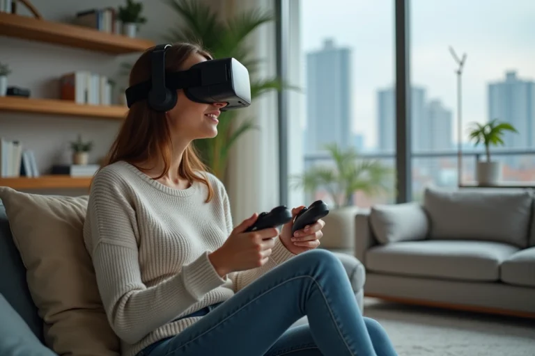 Jeune femme en VR dans un salon moderne et cosy