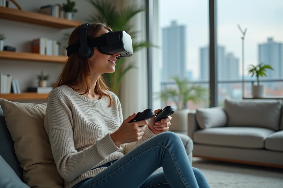 Jeune femme en VR dans un salon moderne et cosy