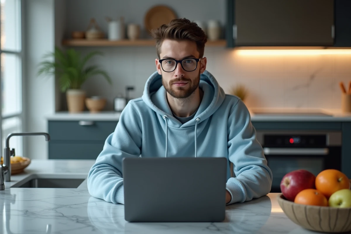 Jeune homme dans la cuisine consulte son ordinateur portable