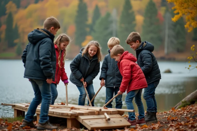 Groupe d'enfants construisant un radeau près du lac