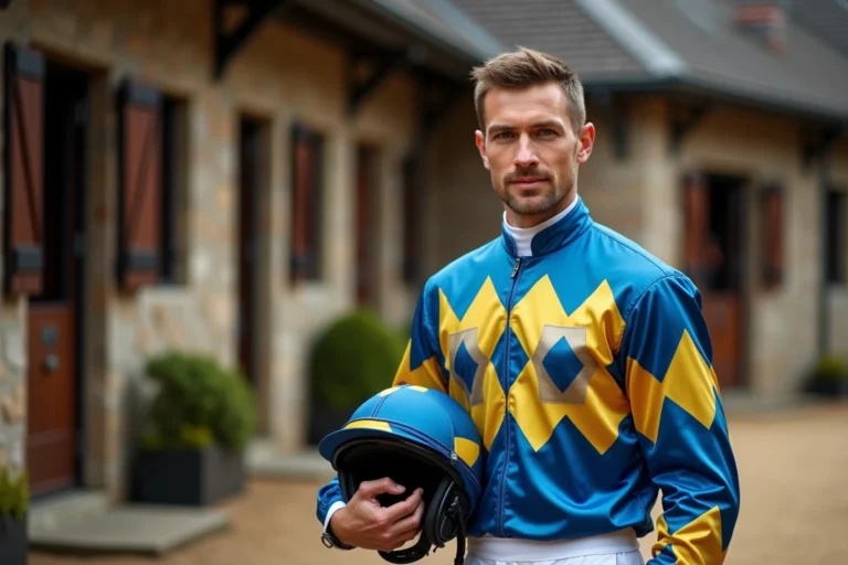Jockey professionnel en tenue de course colorée dans un paddock de hippodrôme illustrant la carrière et le salaire de Christophe Soumillon