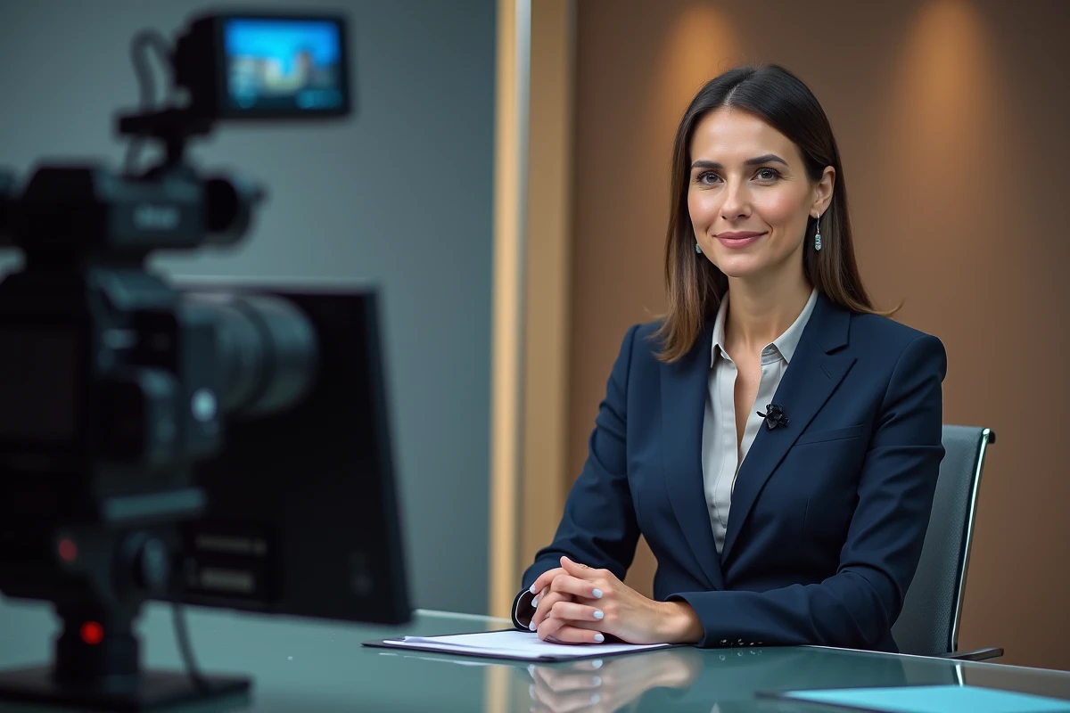 Journaliste femme en studio de télévision préparant une émission devant un microphone professionnel