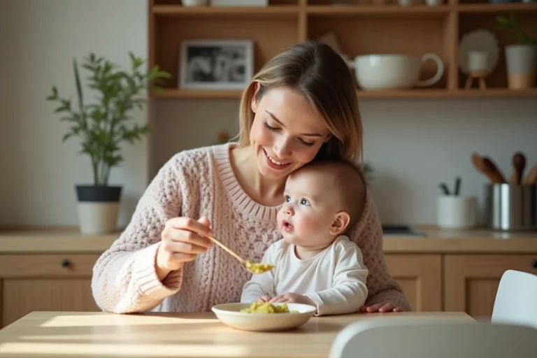 Maman et bébé lors du repas dans une cuisine lumineuse