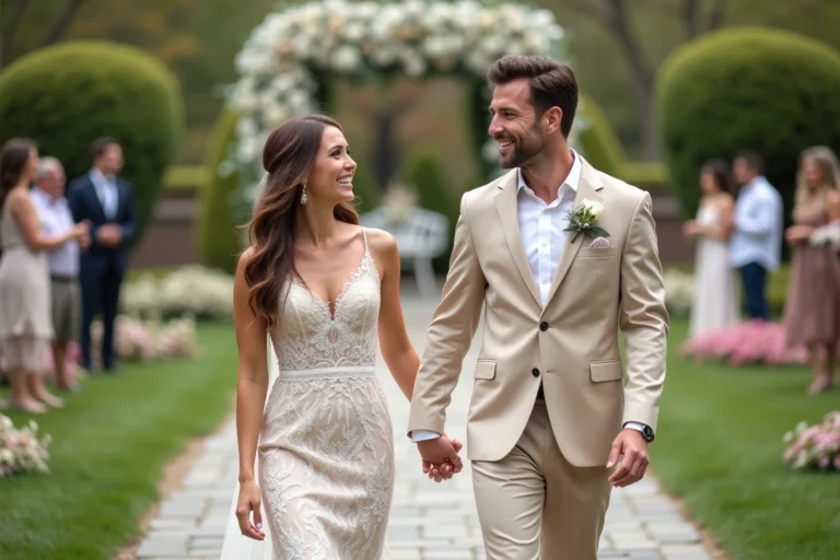 Jeune couple de mariés dans un jardin fleuri lors d'un mariage