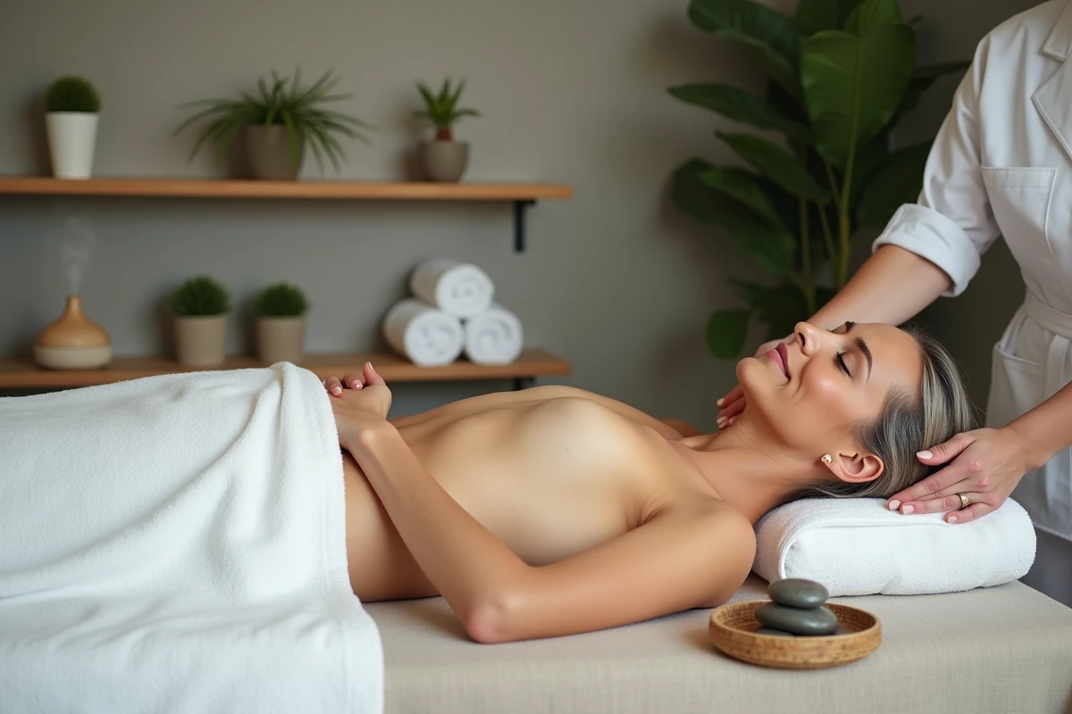 Femme recevant un massage thérapeutique aux huiles essentielles dans un spa naturel, technique de guérison holistique du corps et de l'esprit