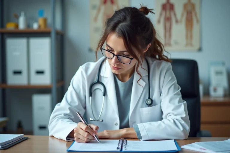 Medecin femme en blanc prenant une ordonnance dans son bureau
