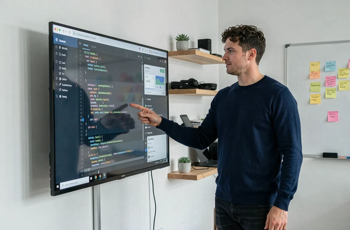 Développeur web masculin présentant les mises à jour d'une interface de programmation sur un grand écran dans un espace de coworking