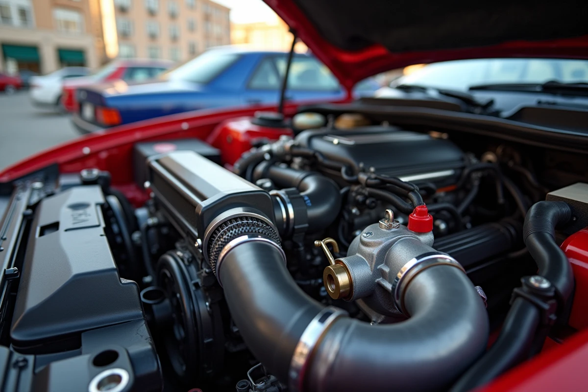 Moteur turbocompressé modifié avec durites silicone et filtre à air sport, illustrant les améliorations mécaniques d'un stage 1