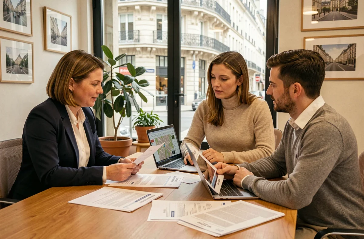 Agent immobilière présentant une estimation de bien à un couple lors d'une négociation immobilière à Lyon