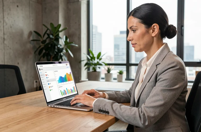 Femme professionnelle analysant les nouveautés d'une application web sur un ordinateur portable dans un bureau moderne