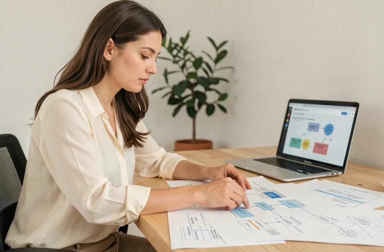 Femme organisatrice de mariage consultant un plan de structure de site web posé sur un bureau en bois
