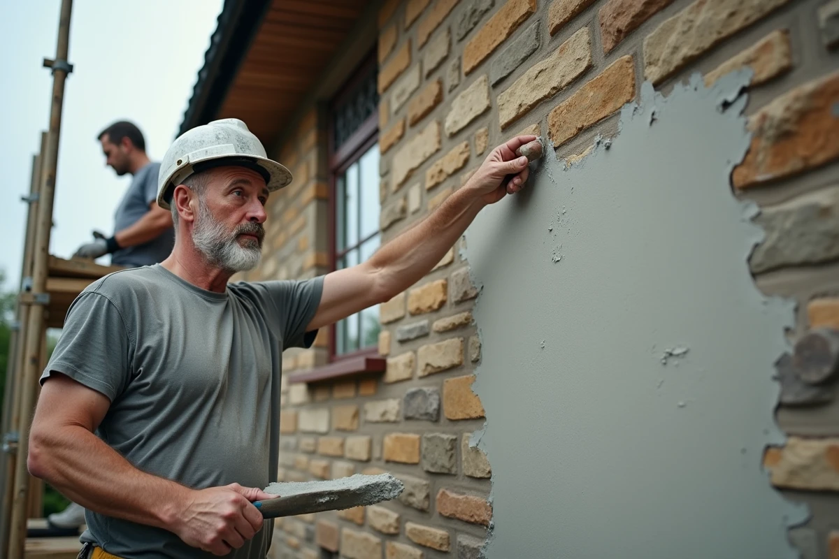 Ouvrier du bâtiment sur un échafaudage inspectant la façade en pierre d'une maison en cours de rénovation