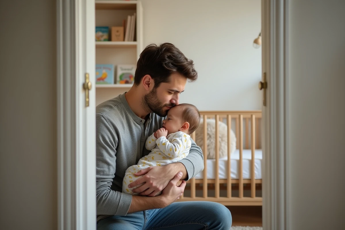 Papa berçant son bébé dans une nurserie minimaliste