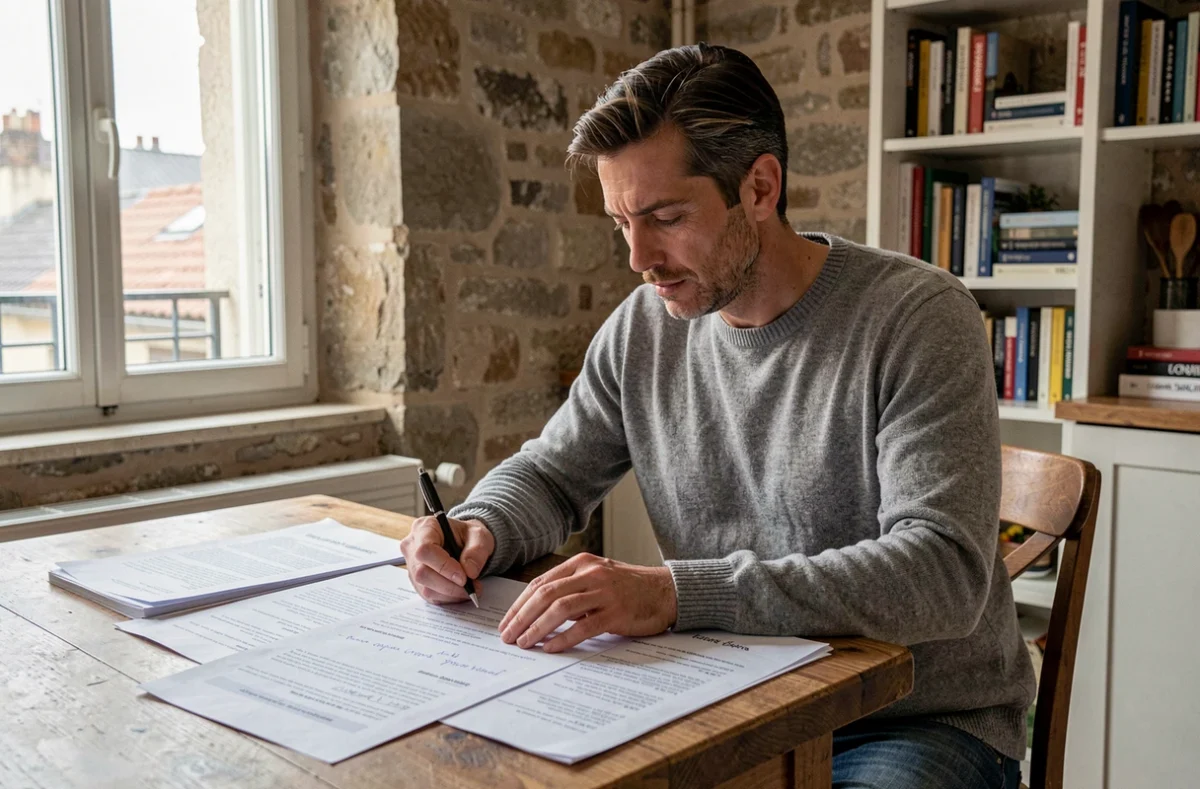 Homme étudiant des rapports d'estimation immobilière pour préparer une négociation d'achat à Lyon