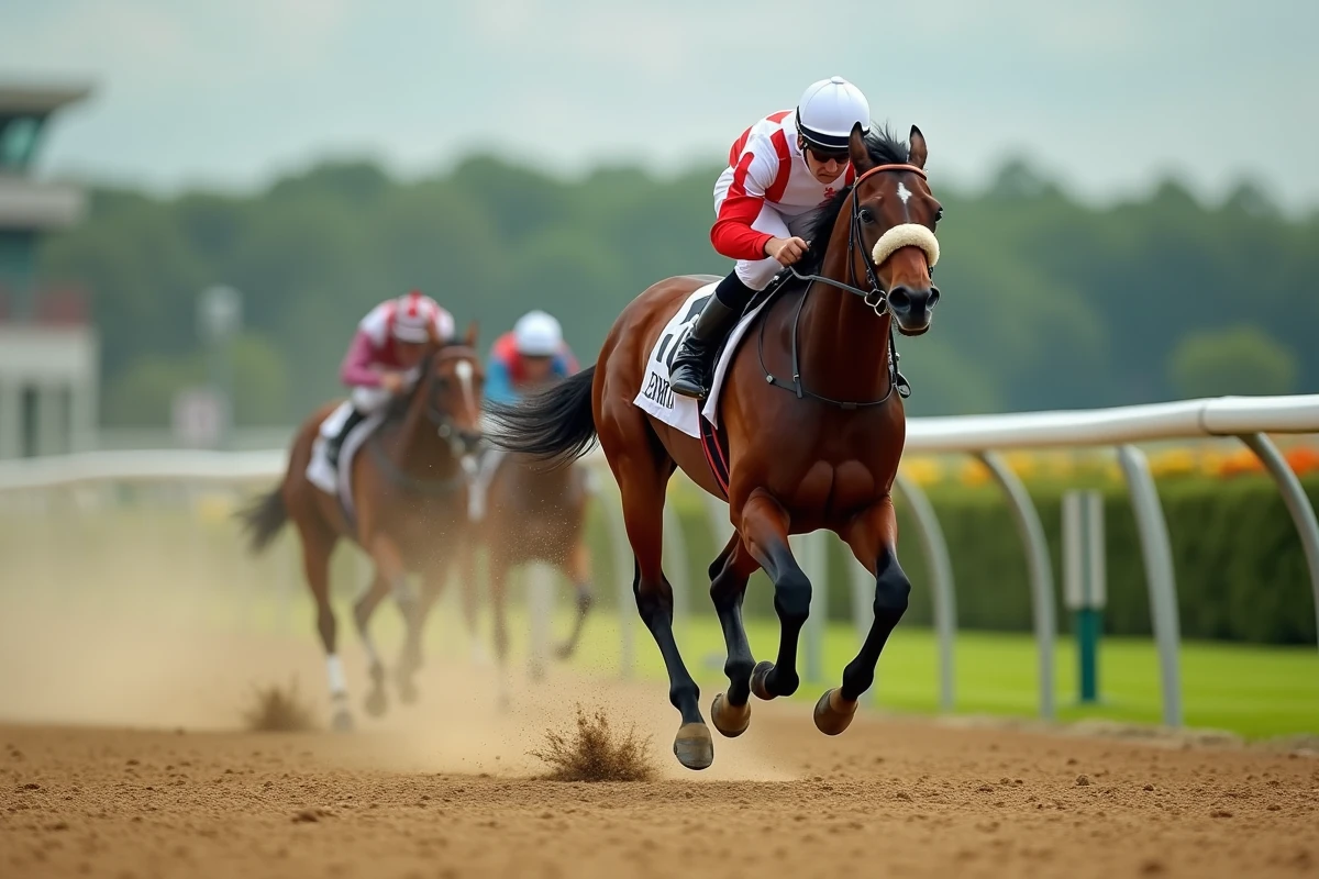 Jockey monté sur un pur-sang au galop sur un hippodrome professionnel évoquant la carrière exceptionnelle et le salaire de Soumillon en 2024