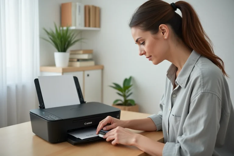 Femme retirant une cartouche d'encre usagée d'une imprimante Canon TS3151 posée sur un bureau en bois dans un bureau à domicile