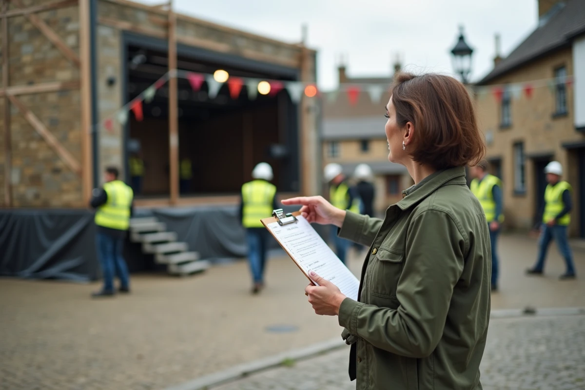 Responsable de comité des fêtes supervisant l'installation d'une scène lors d'une fête de village