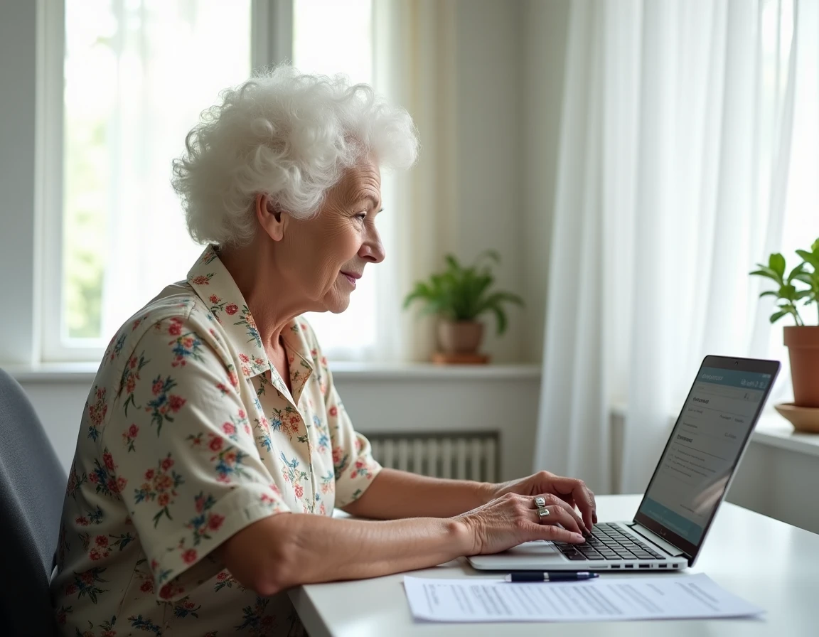 Femme âgée effectuant le renouvellement de sa carte senior en ligne depuis son domicile