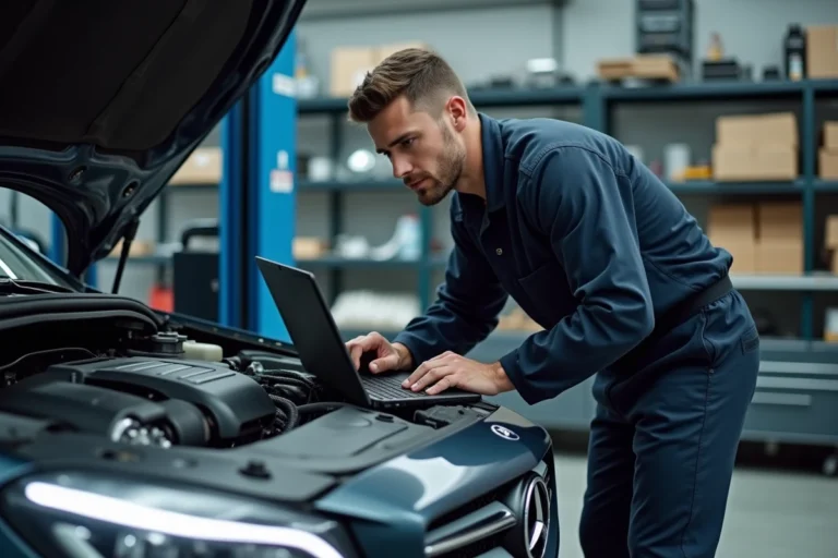 Technicien automobile connectant un ordinateur portable à l'ECU d'une voiture pour un reprogrammation stage 1 en atelier professionnel