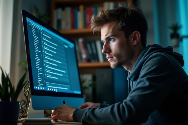 Jeune homme téléchargeant des fichiers sur un site internet depuis son bureau encombré