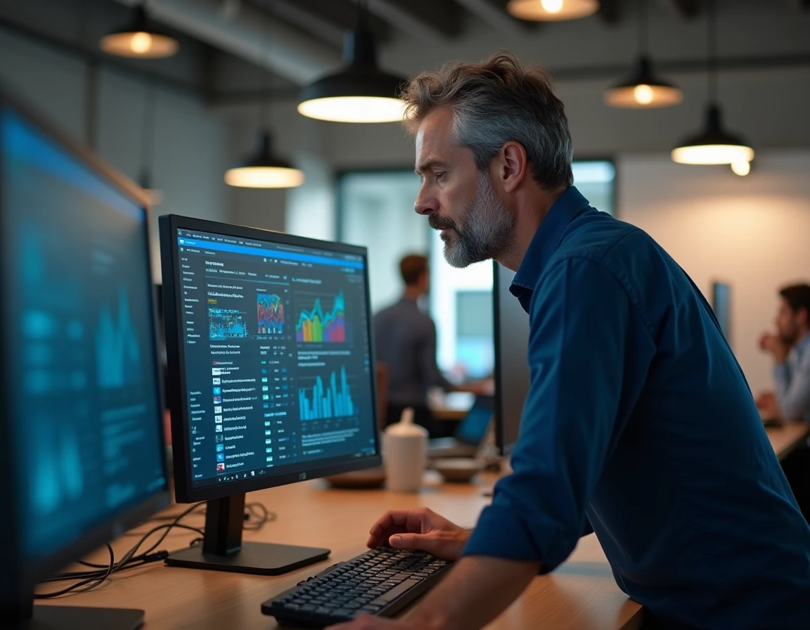 Professionnel consultant des tendances numériques et informations web sur des écrans dans un bureau moderne en 2024
