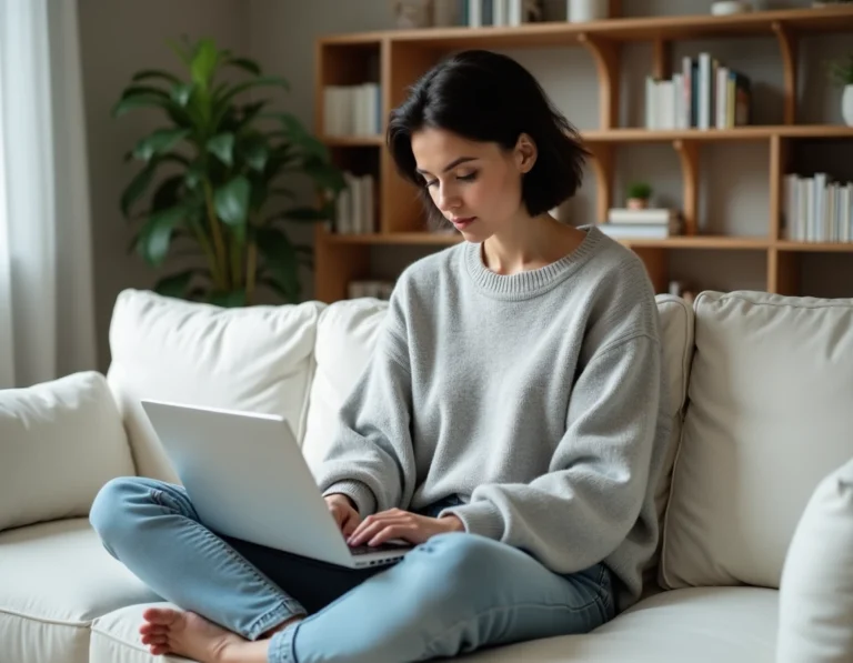 Femme parcourant les tendances web 2024 sur un laptop dans un salon moderne au style scandinave