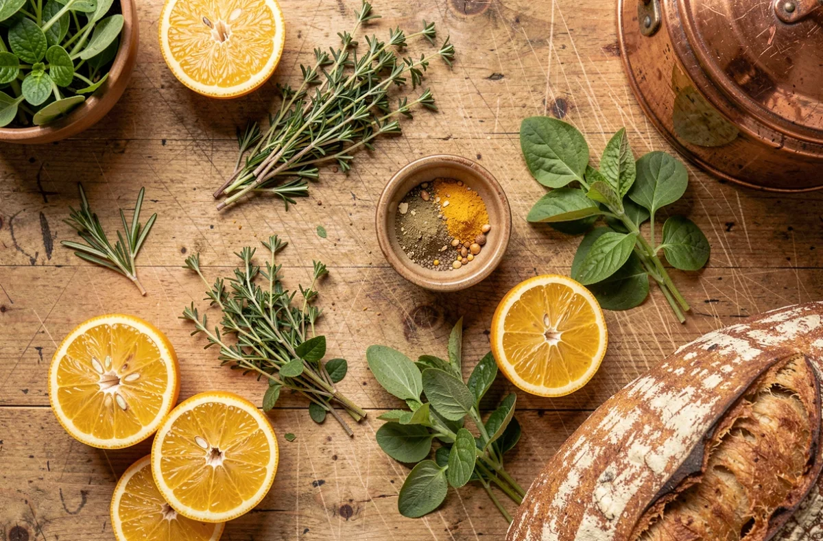 Vue aérienne d'une table en bois couverte d'ingrédients frais de saison, herbes aromatiques, agrumes, épices et pain au levain artisanal pour une recette du quotidien